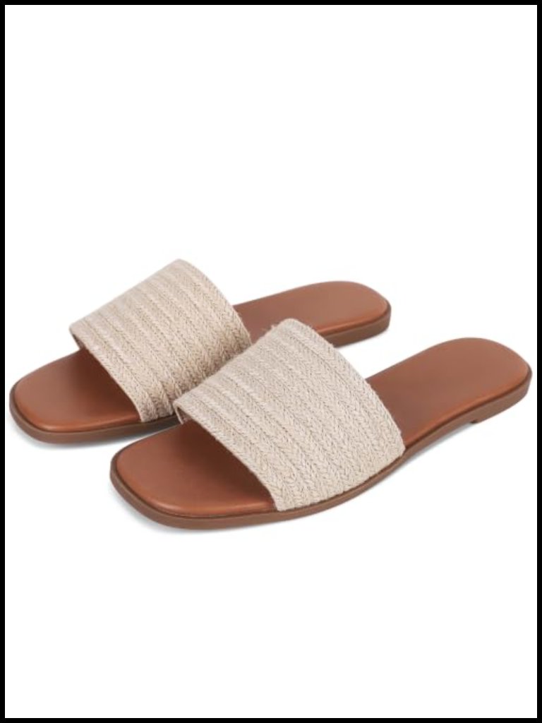 Women's Raffia Slide Sandals Open Toe Flat Beach Slippers Casual Dressy